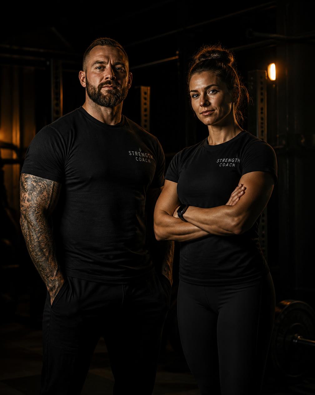 Two strength coaches, a man and a woman, standing in a dark gym