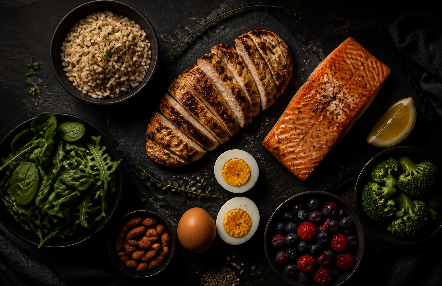 High-protein whole foods laid out on a dark slate surface